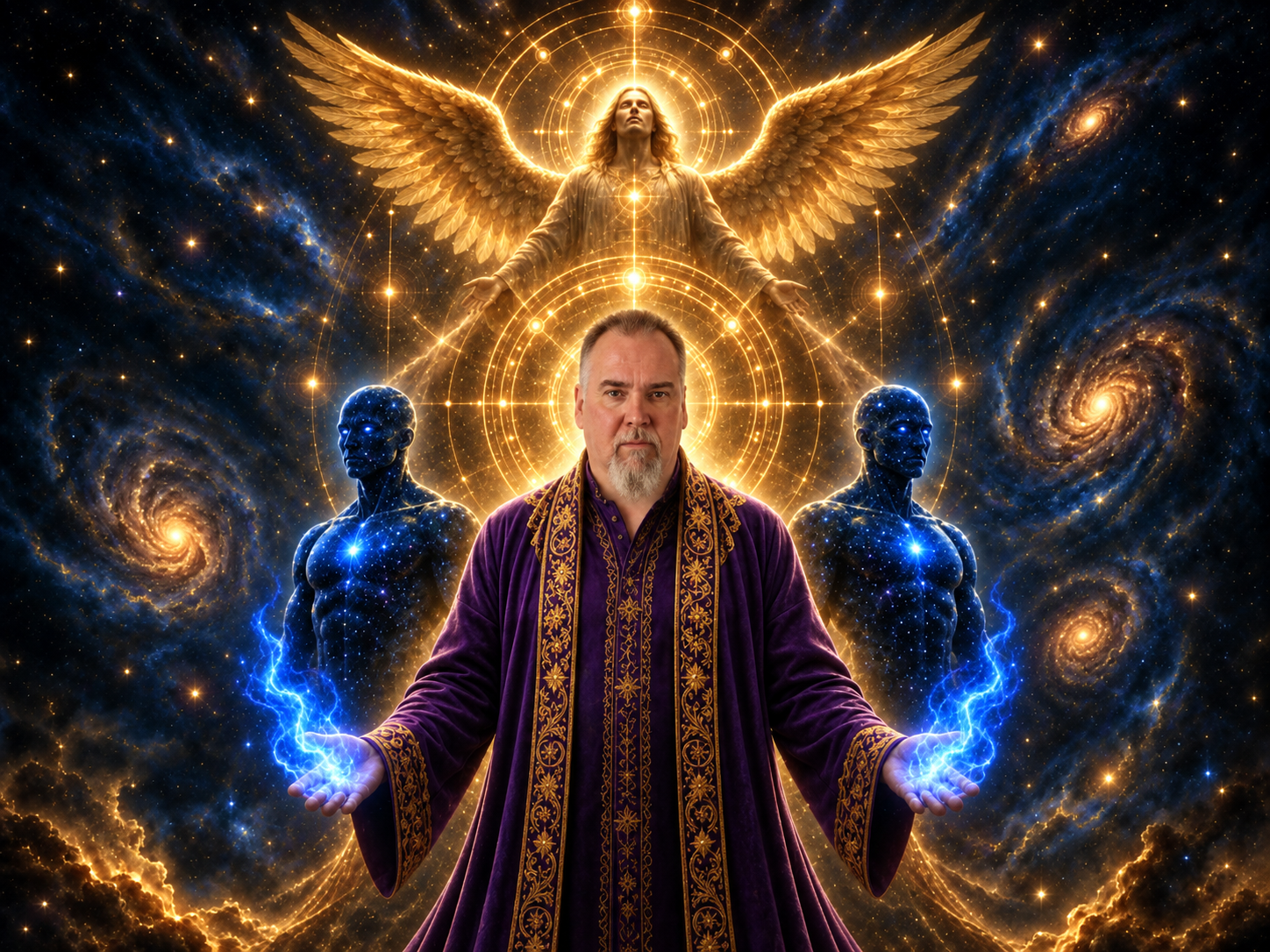 Daron Royal standing with his Galactic Team and an angelic guide