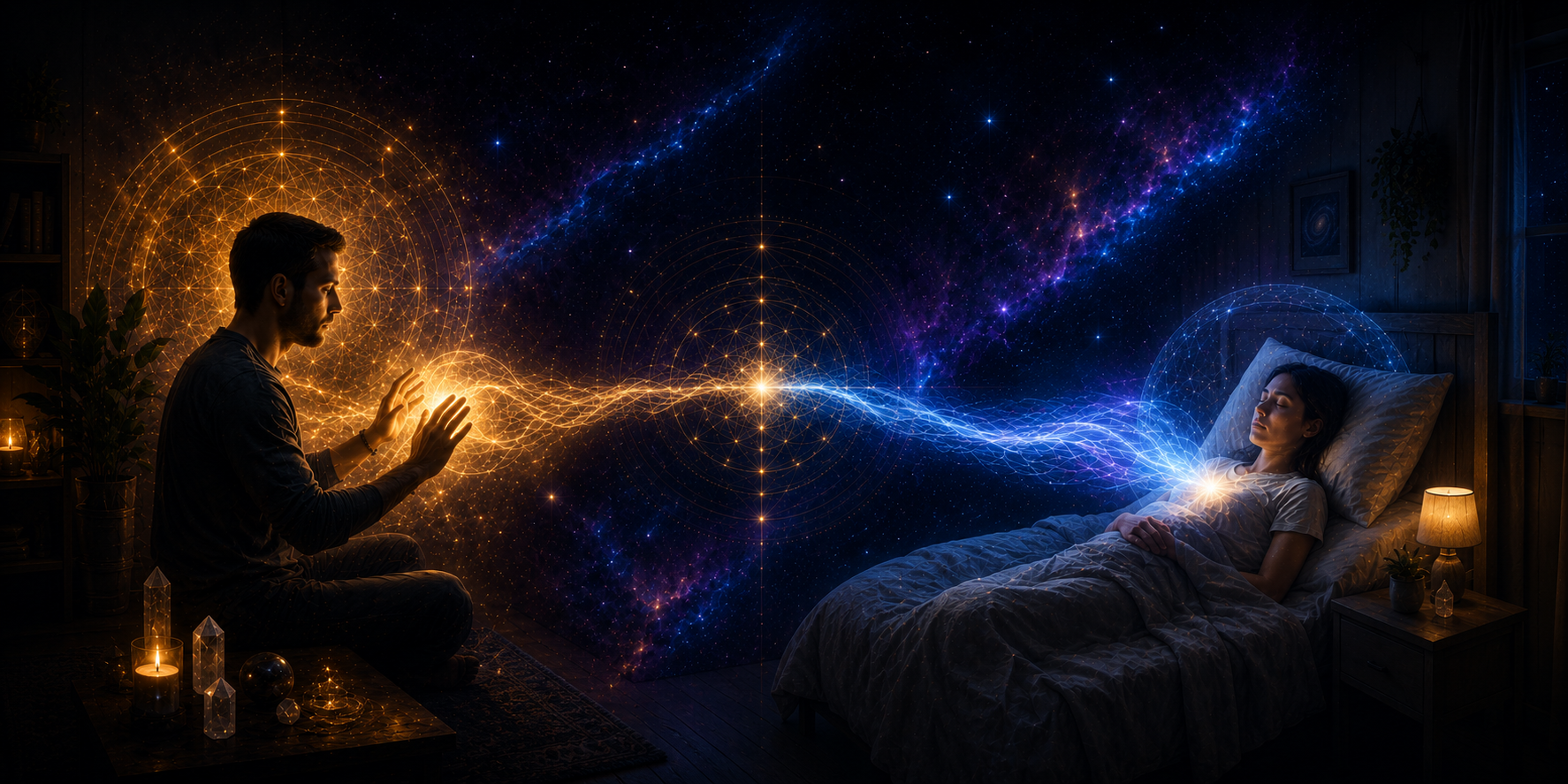 Distance energy healing — practitioner sends healing energy across any distance